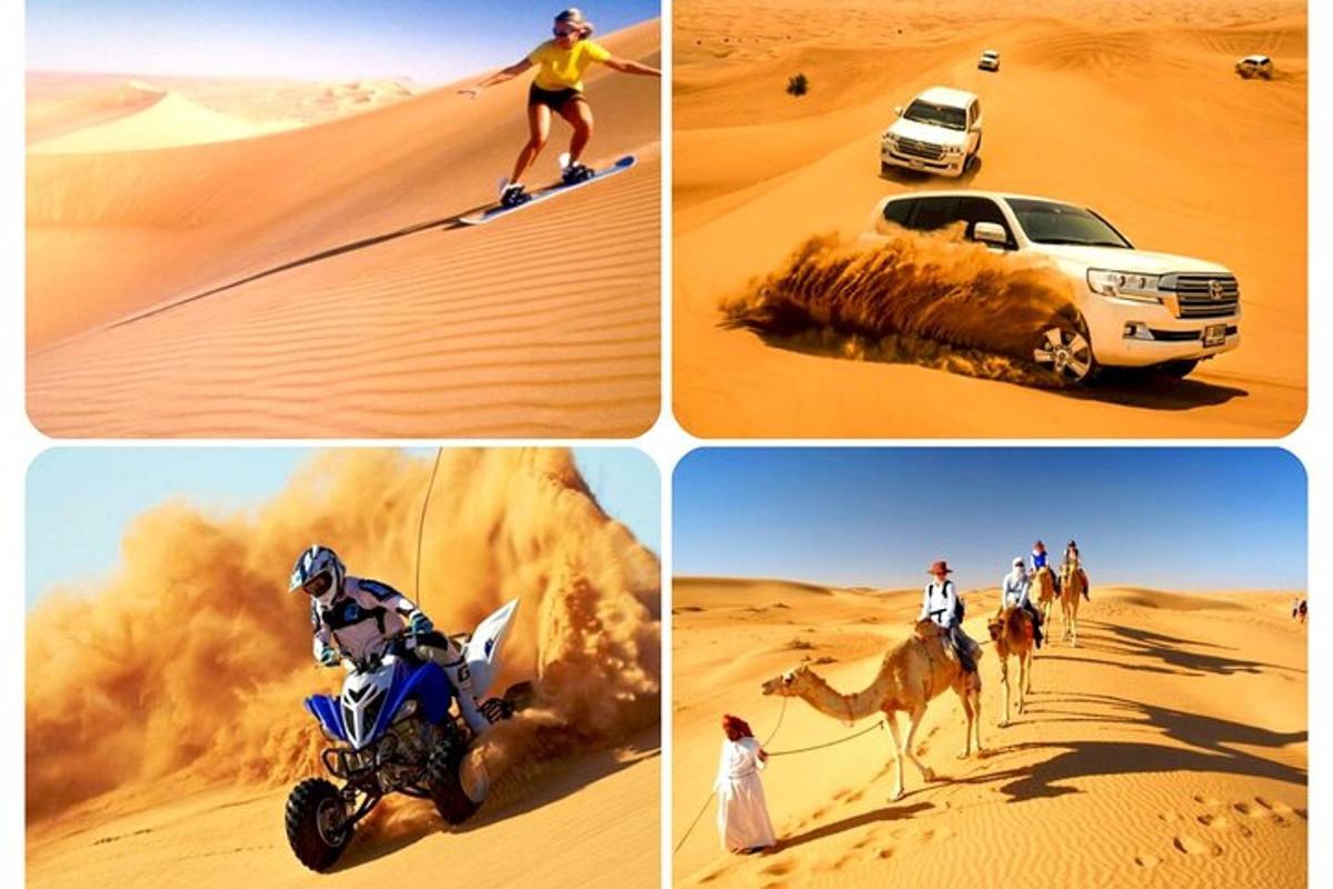 four pictures of people riding horses in the desert