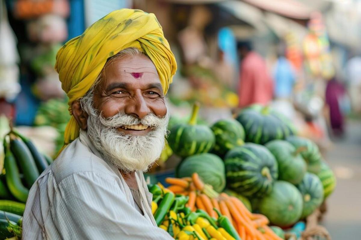 a man with a yellow turban standing in a market