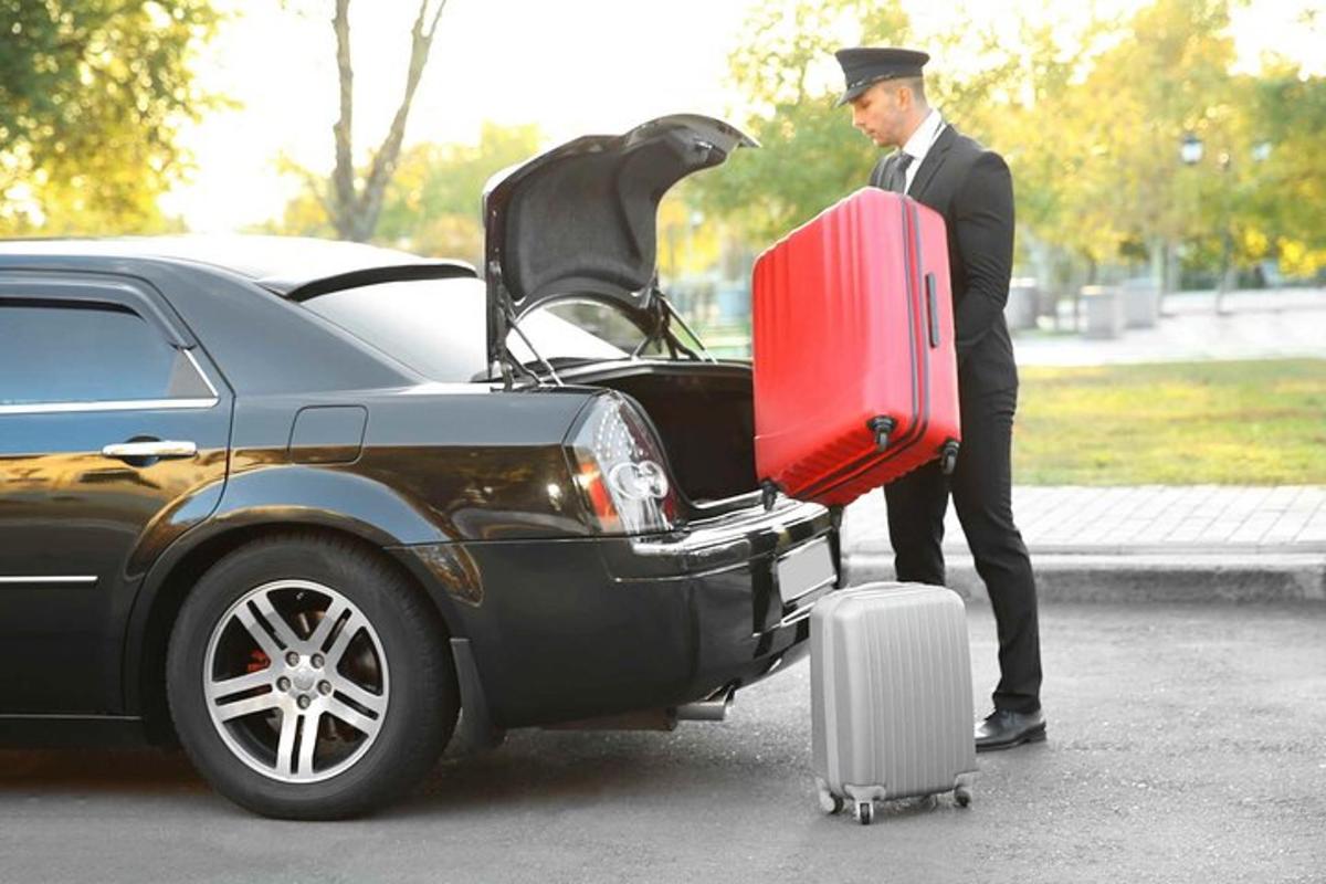 a man standing next to a car with a suitcase