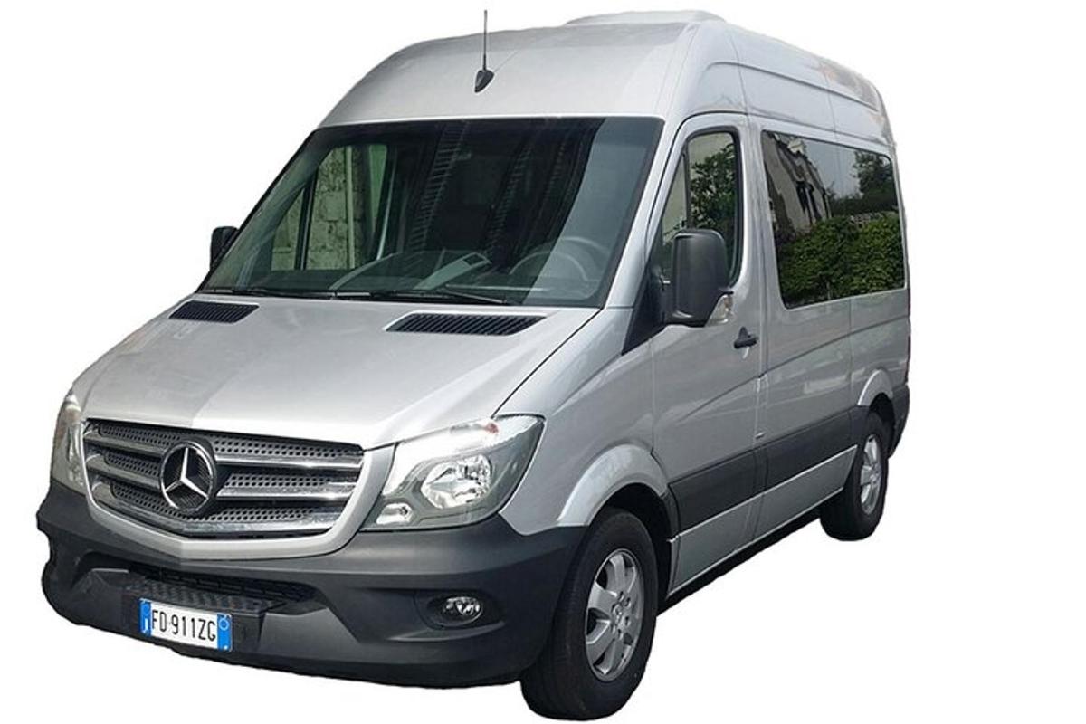 Srebrni kombi je parkiran na belem ozadju