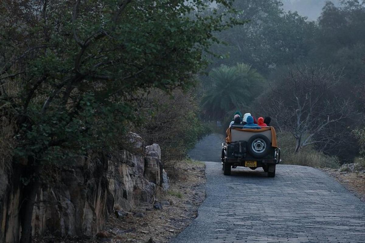 an old car driving down a road with luggage