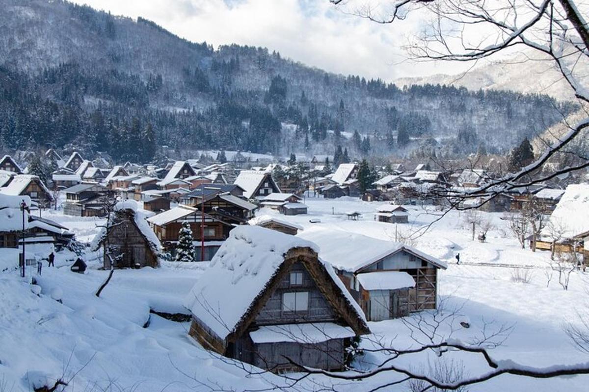 a village covered in snow with mountains in the background
