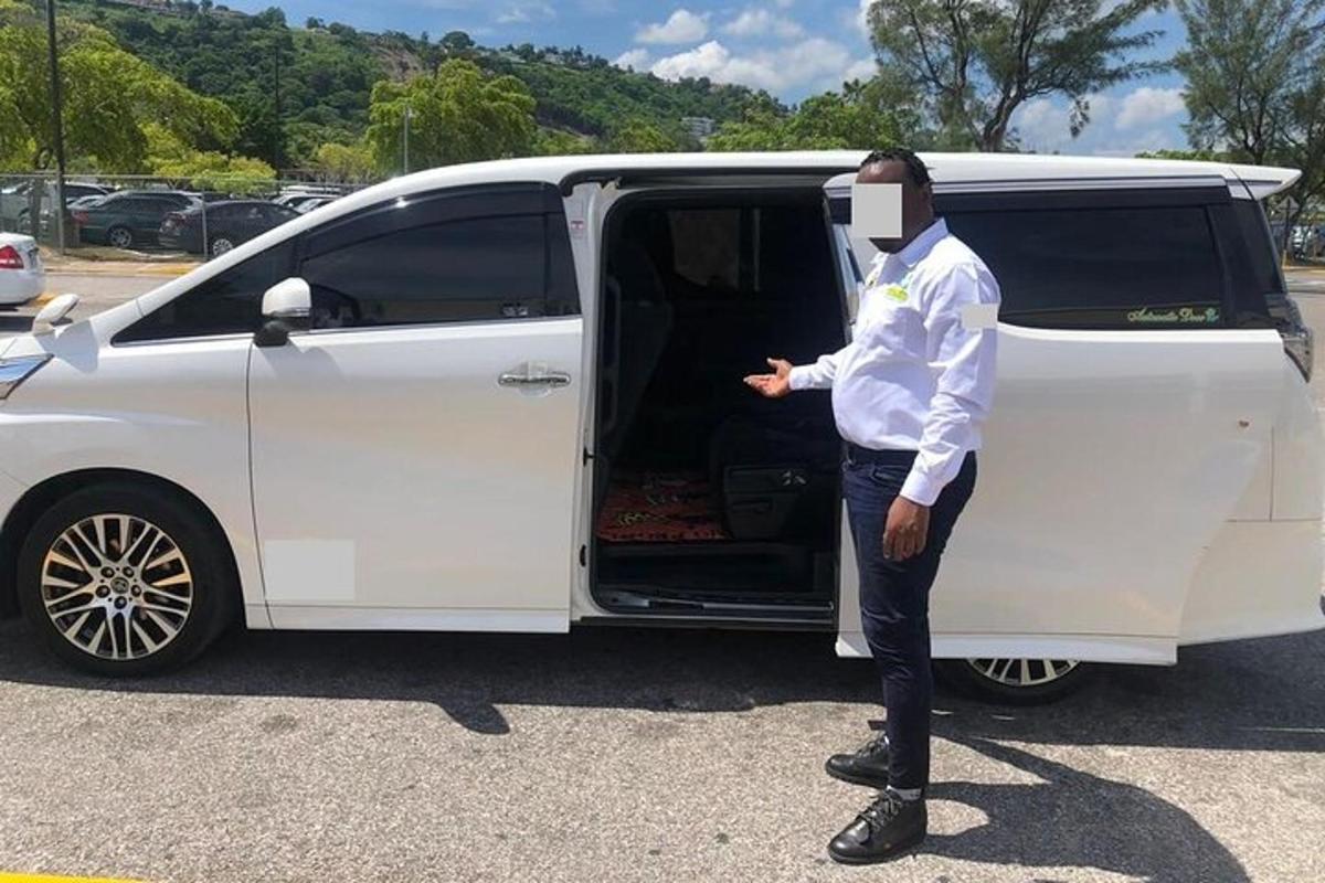 a man wearing a virtual reality mask standing next to a van