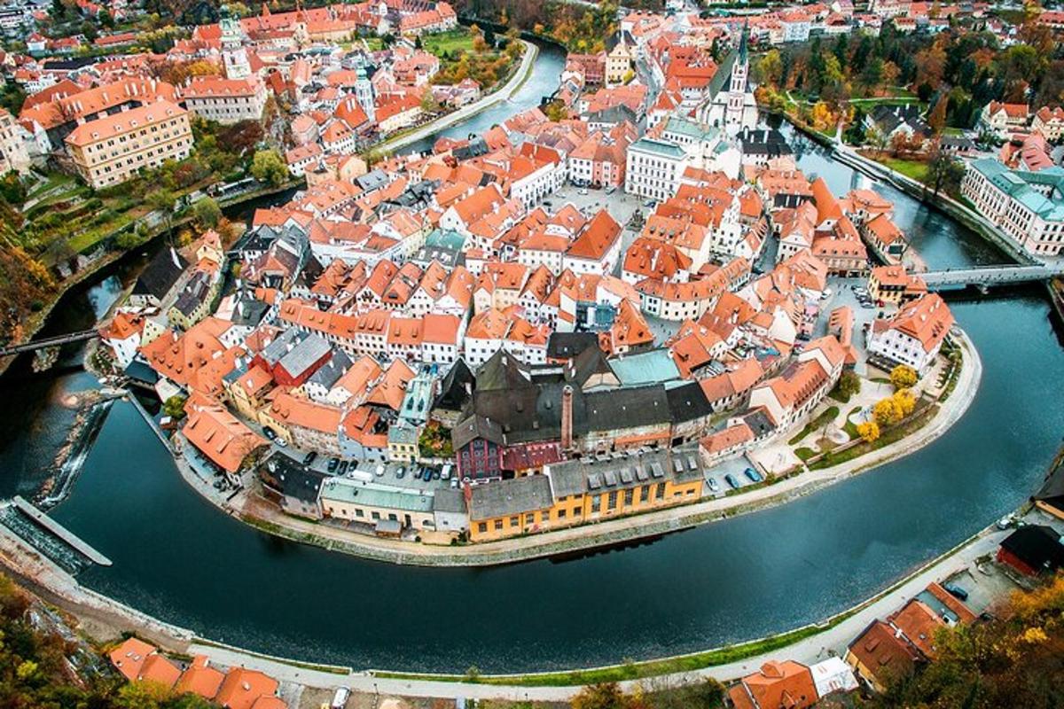 o vedere aeriană a unui oraș cu acoperișuri roșii