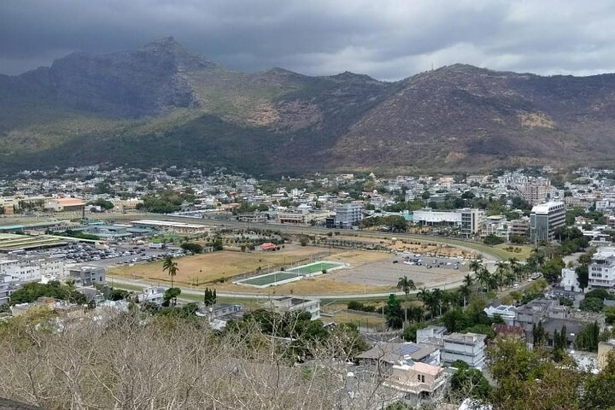 a view of a city with mountains in the background