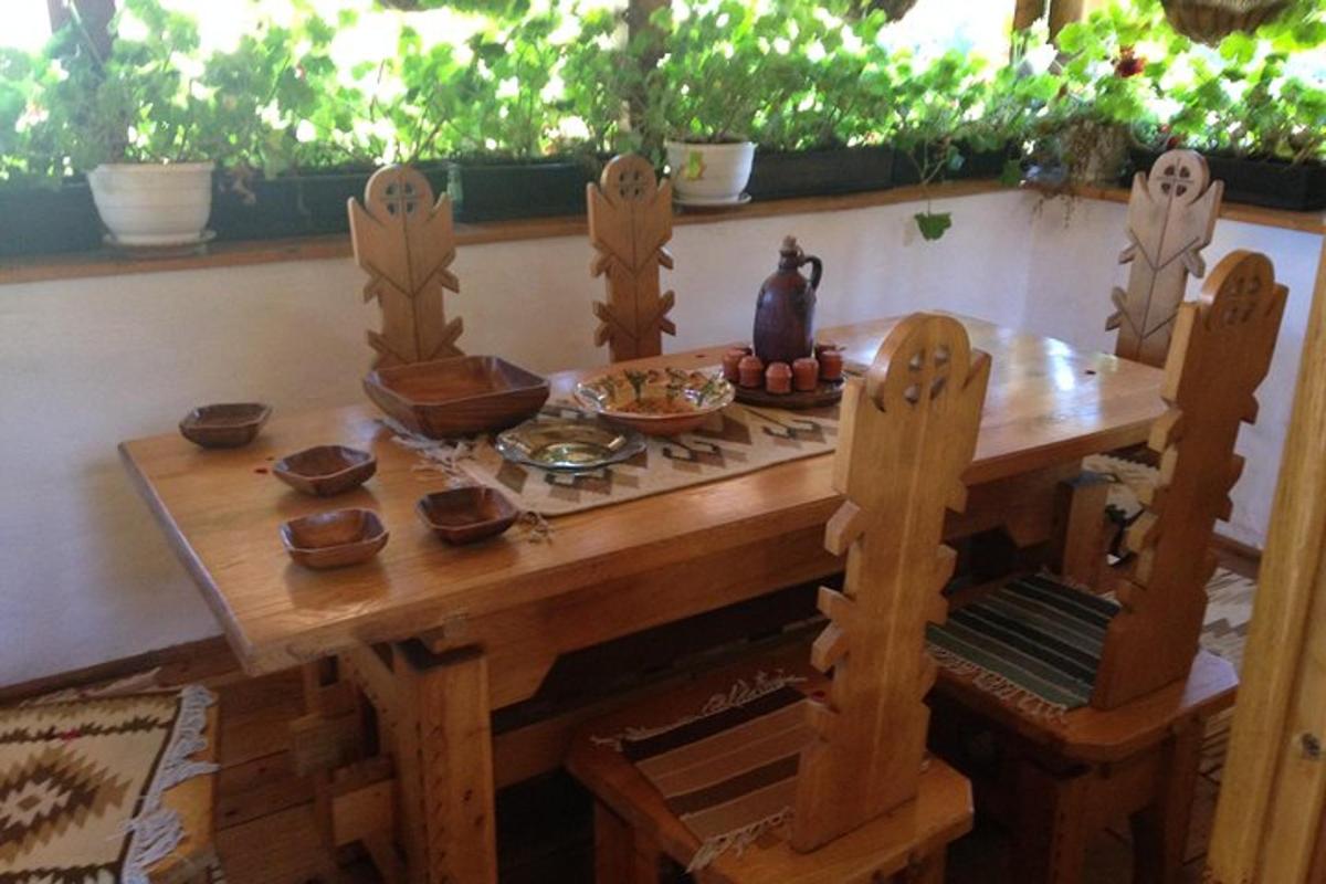 a wooden table with bowls of food on it