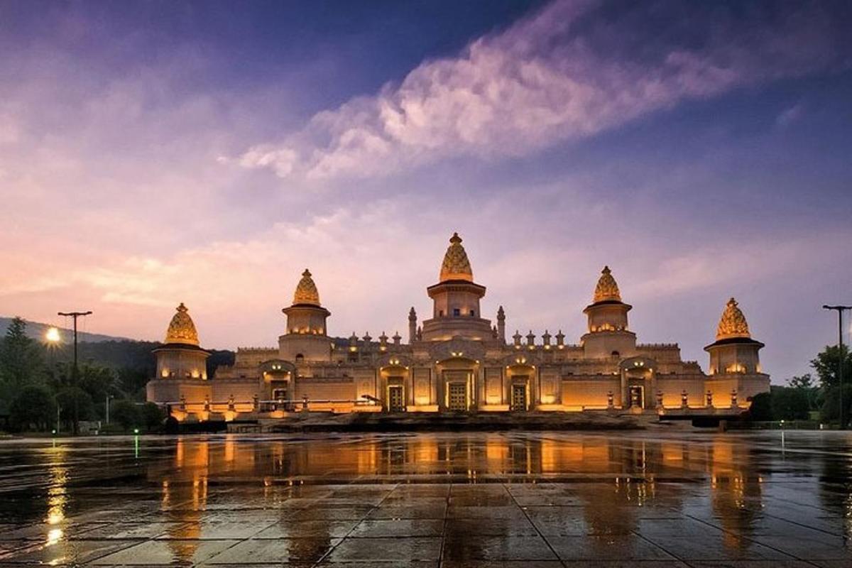 a large building with gold domes on top of it