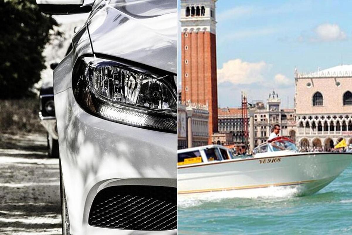 sebuah kereta putih dan sebuah bot di dalam air