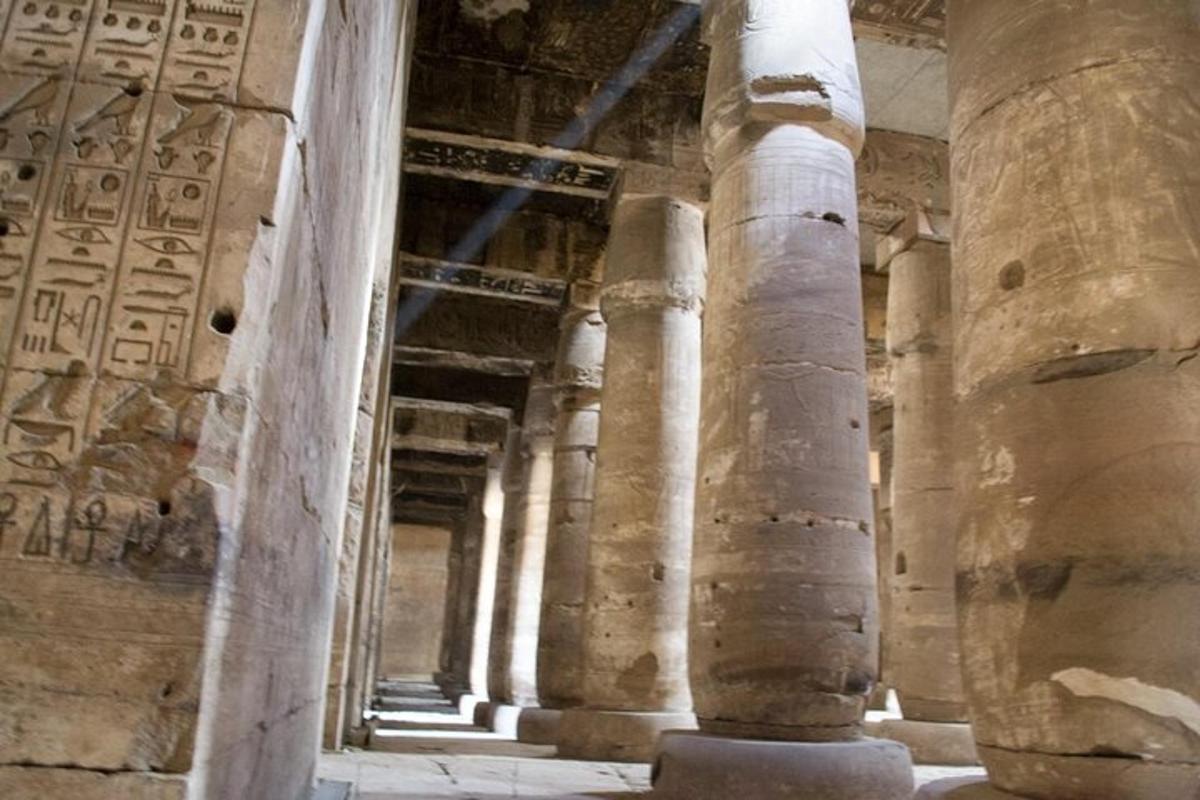a row of columns in a building with hieroglyphics