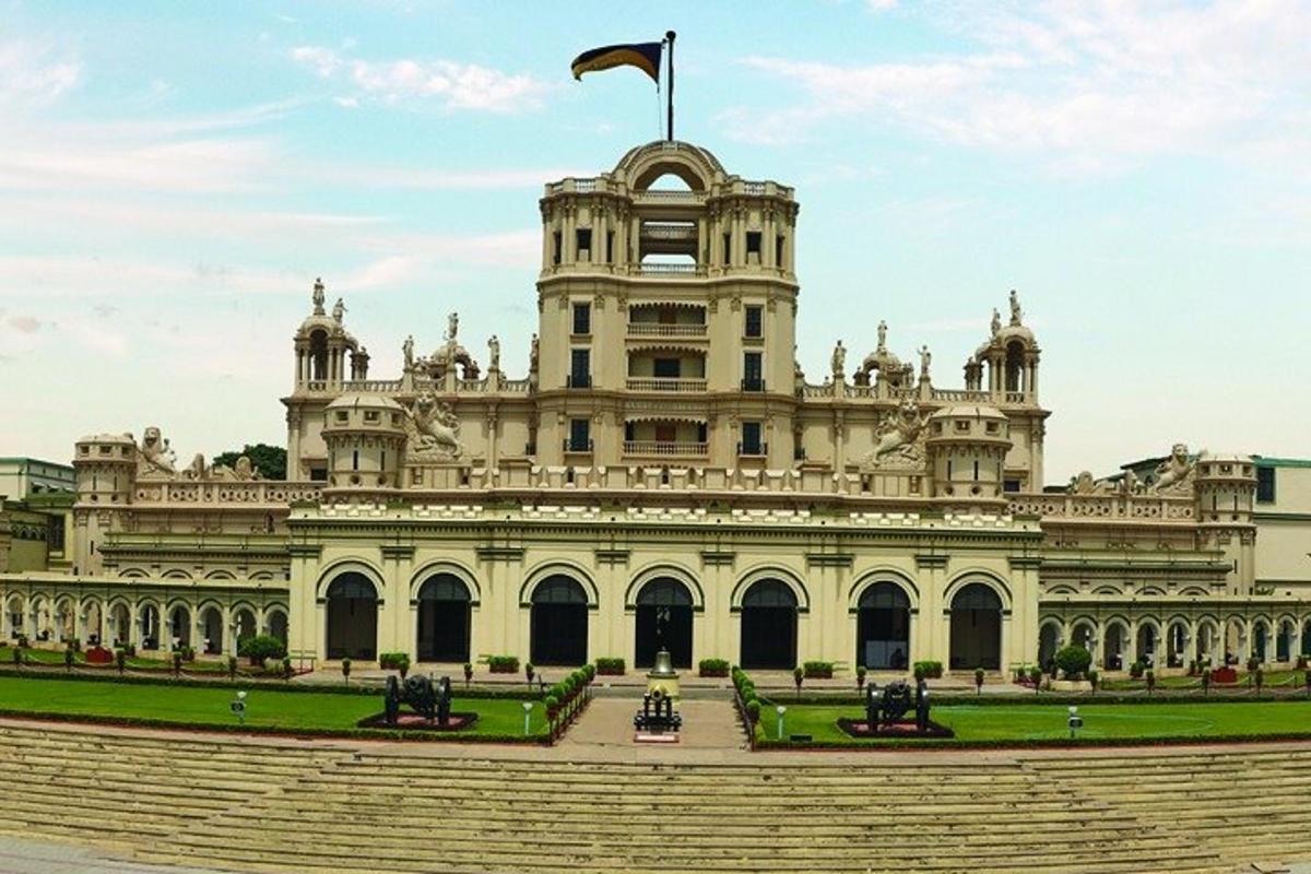 a large building with a flag on top of it