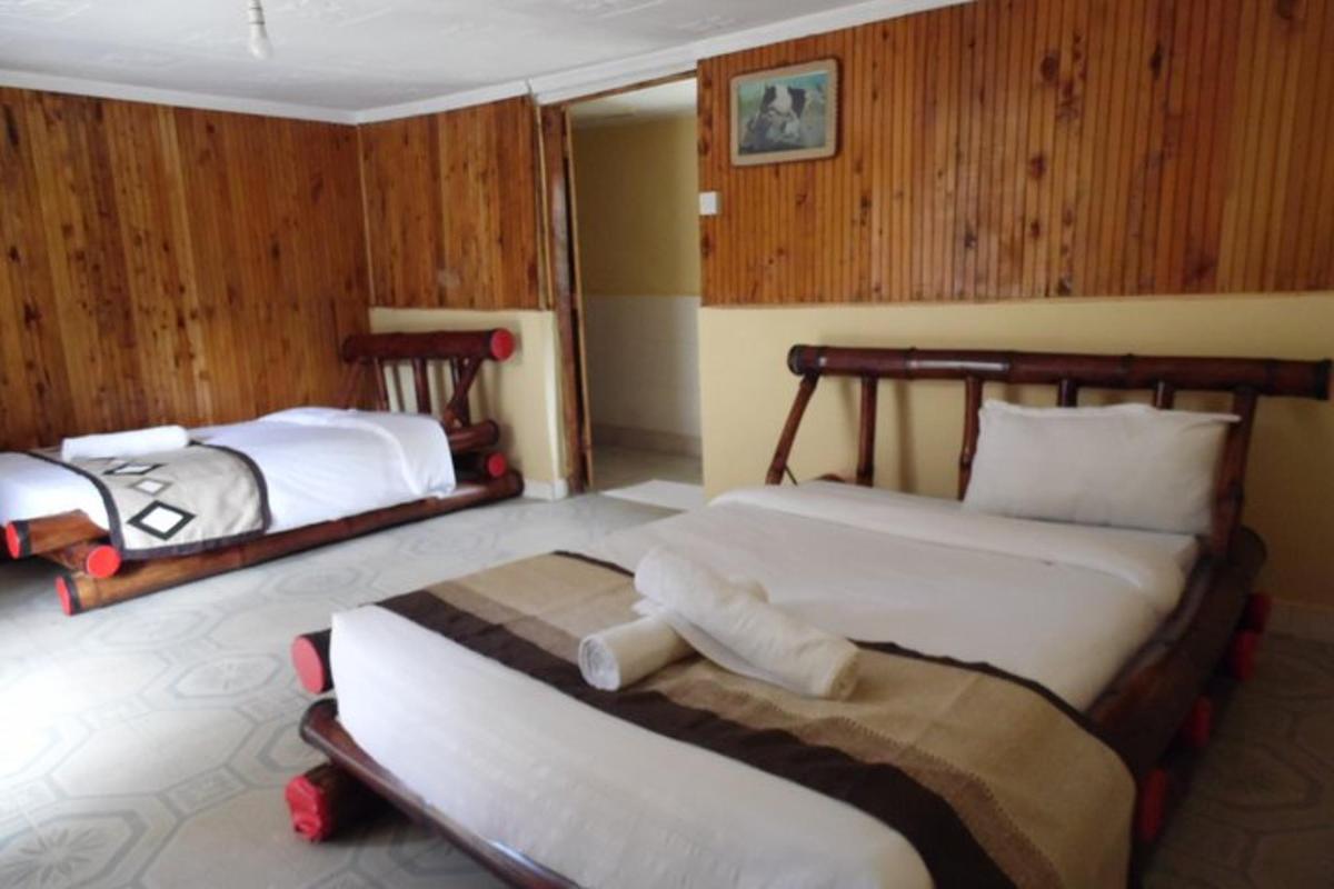 une chambre avec deux lits dans une pièce aux murs en bois