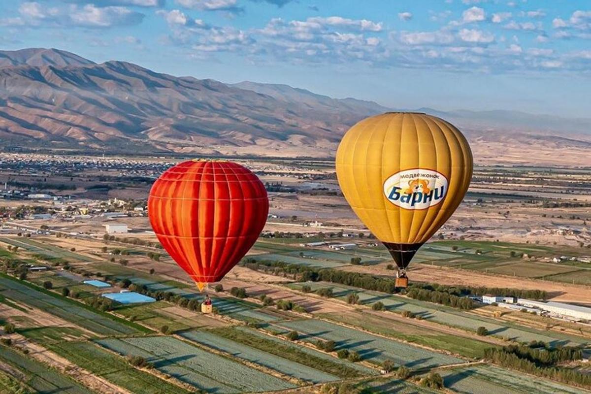 due mongolfiere stanno volando sopra un campo