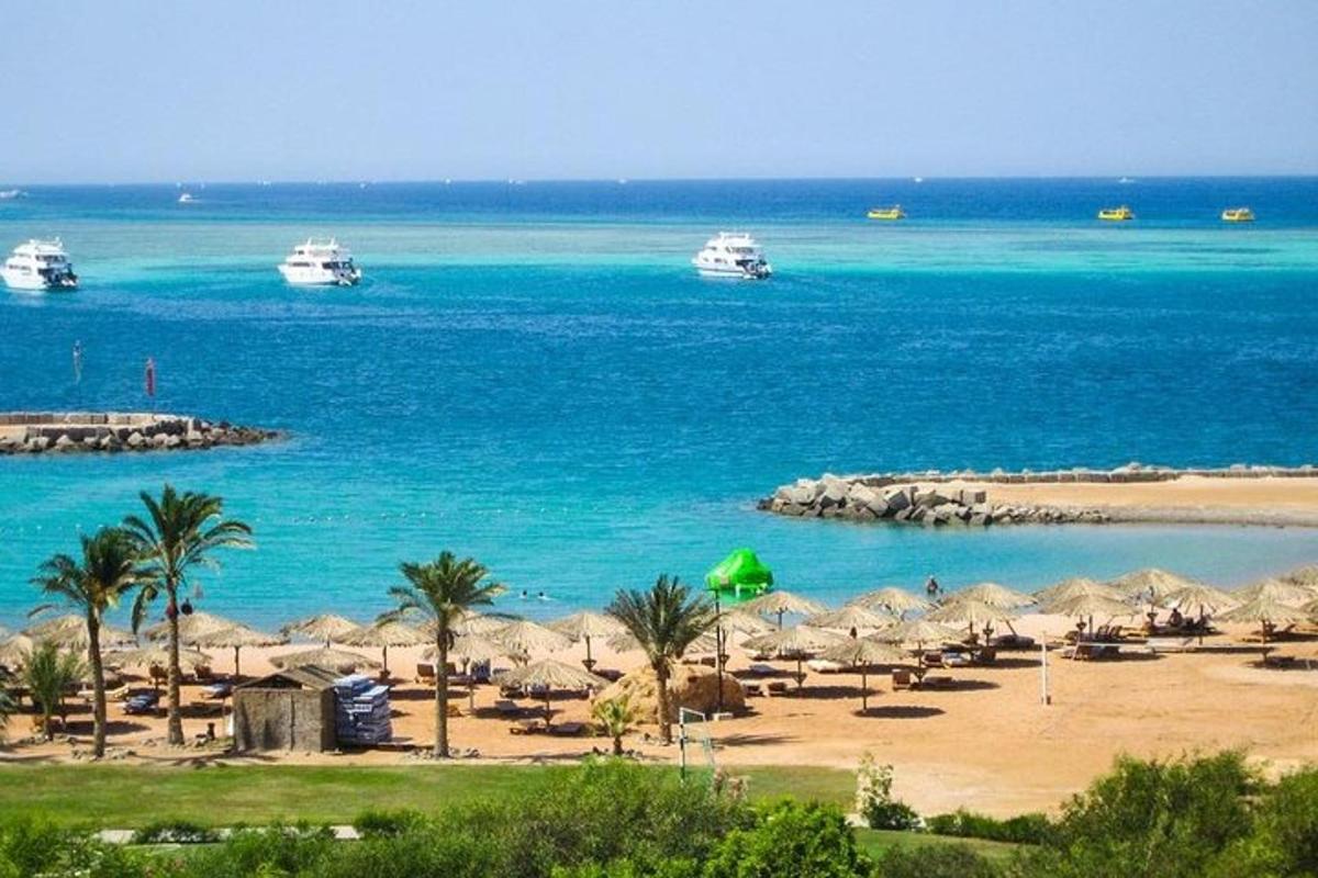 pantai dengan bot di dalam air dan pokok palma