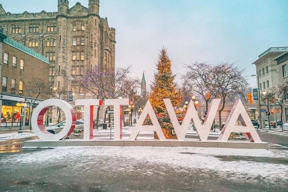 a large sign in a city with a christmas tree