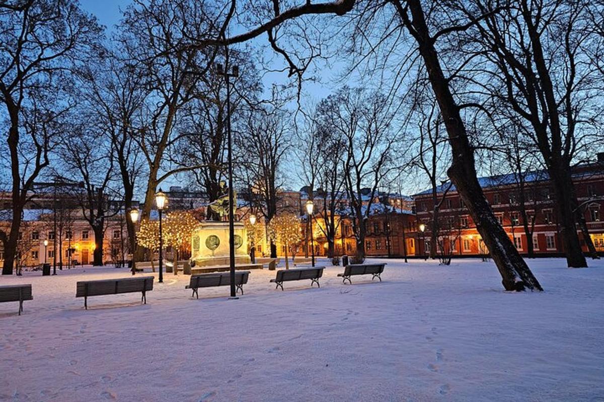 a park with benches in the snow at night