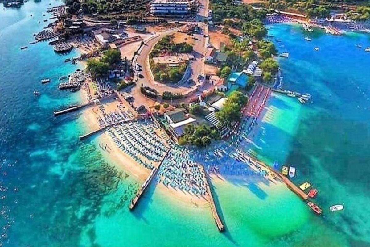 an aerial view of an island in the water