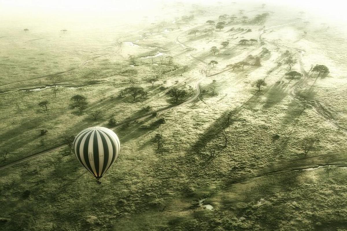 balon na vroč zrak, ki leti nad peščenim poljem