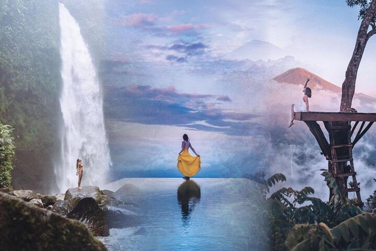 lukisan tiga wanita berdiri di air terjun
