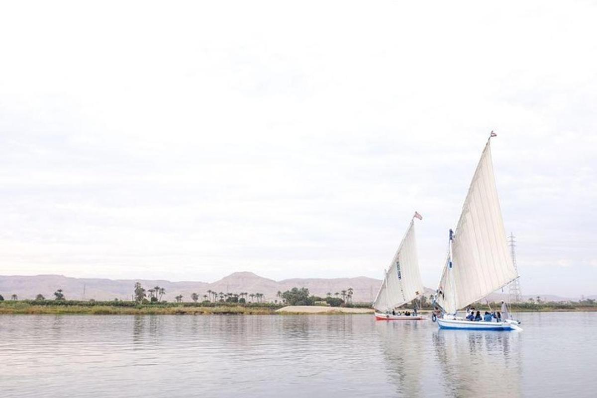 two boats with white sails in the water