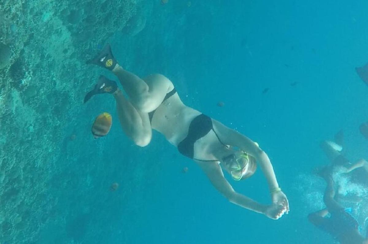 a woman in a swimsuit swimming in the water