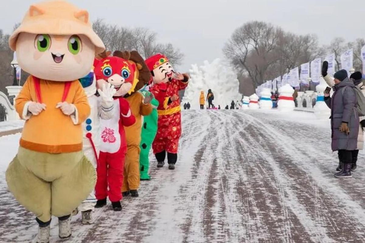 un gruppo di persone che cammina lungo una strada innevata