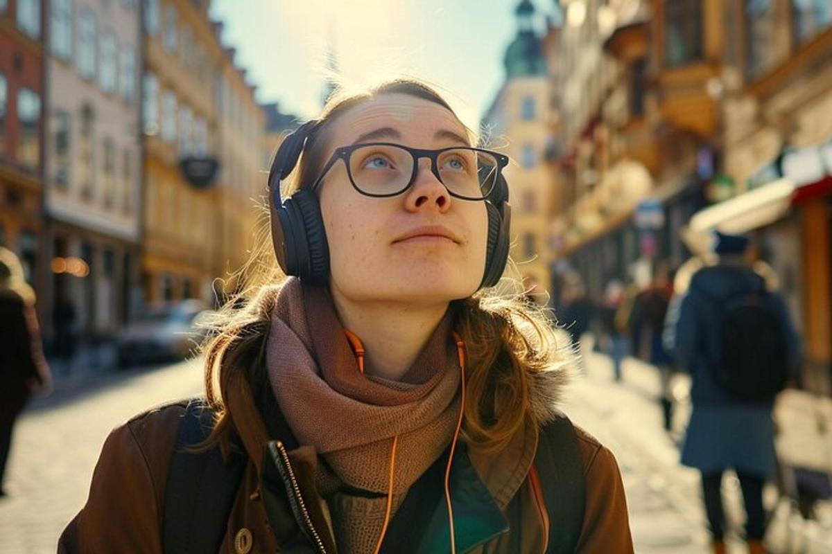a woman wearing glasses and headphones on a city street