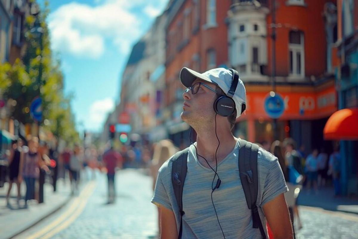 a man wearing headphones and a hat on a city street