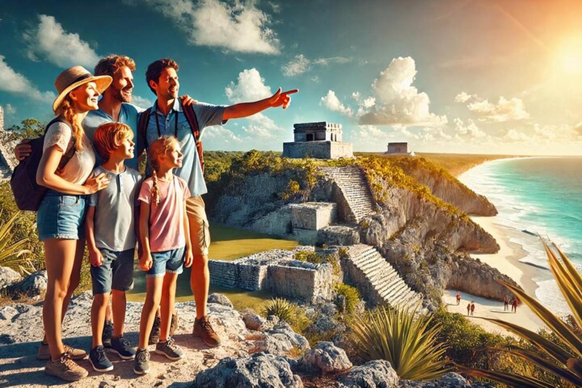 Una familia parada en la cima de una montaña cerca del océano.