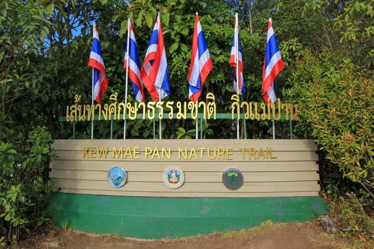a sign for a park with a bunch of flags