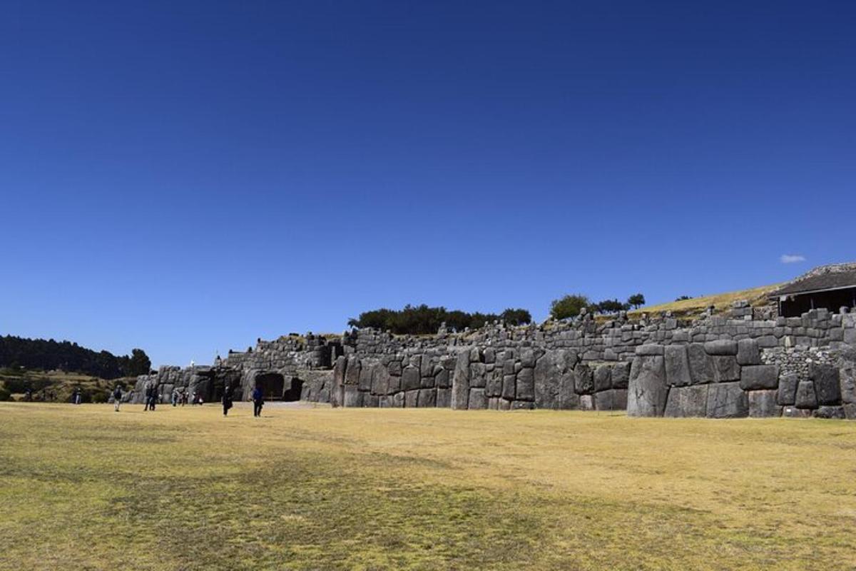 um grupo de pessoas em pé em frente a um muro de pedra