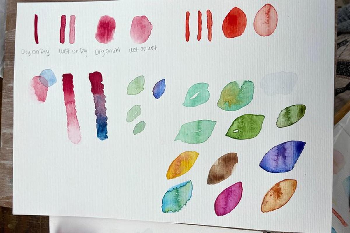 a watercolor painting of leaves on a piece of paper