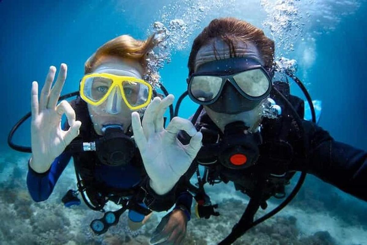 zwei Personen in Taucherausrüstung posieren für ein Foto im Wasser