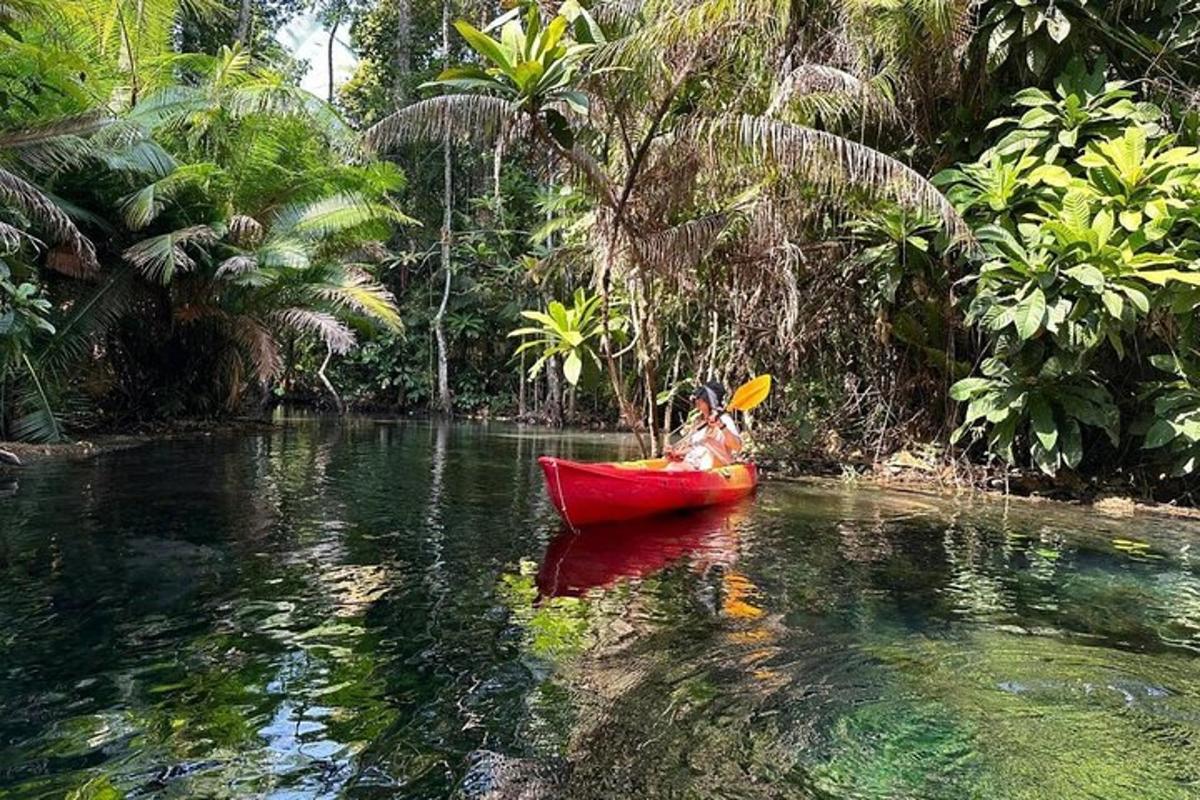 uma mulher em um barco vermelho em um rio