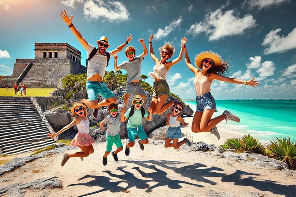 a group of people jumping on the beach