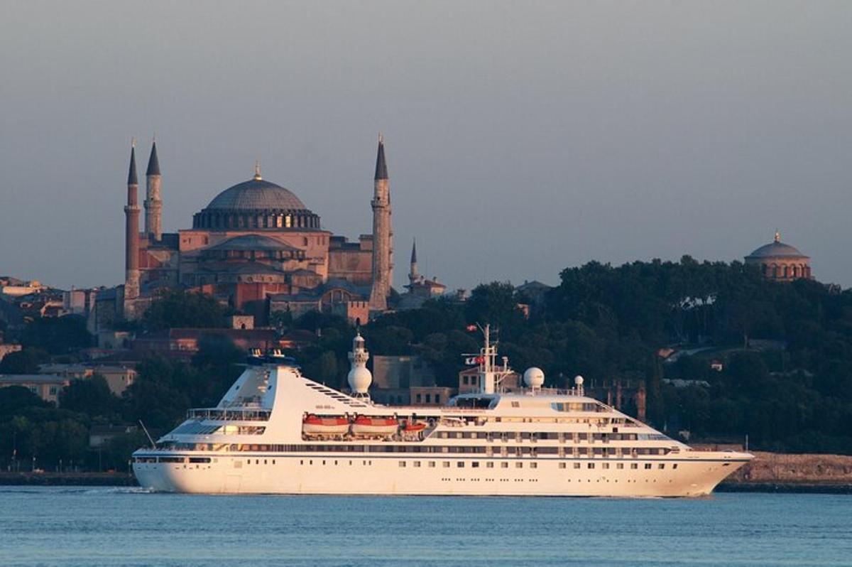 a cruise ship in the water in front of a mosque