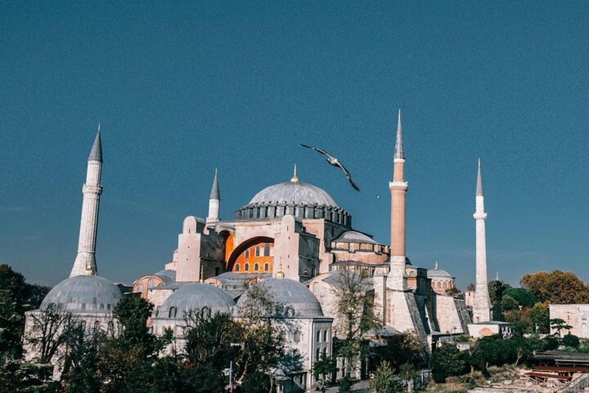 a large building with domes and mosques in a city