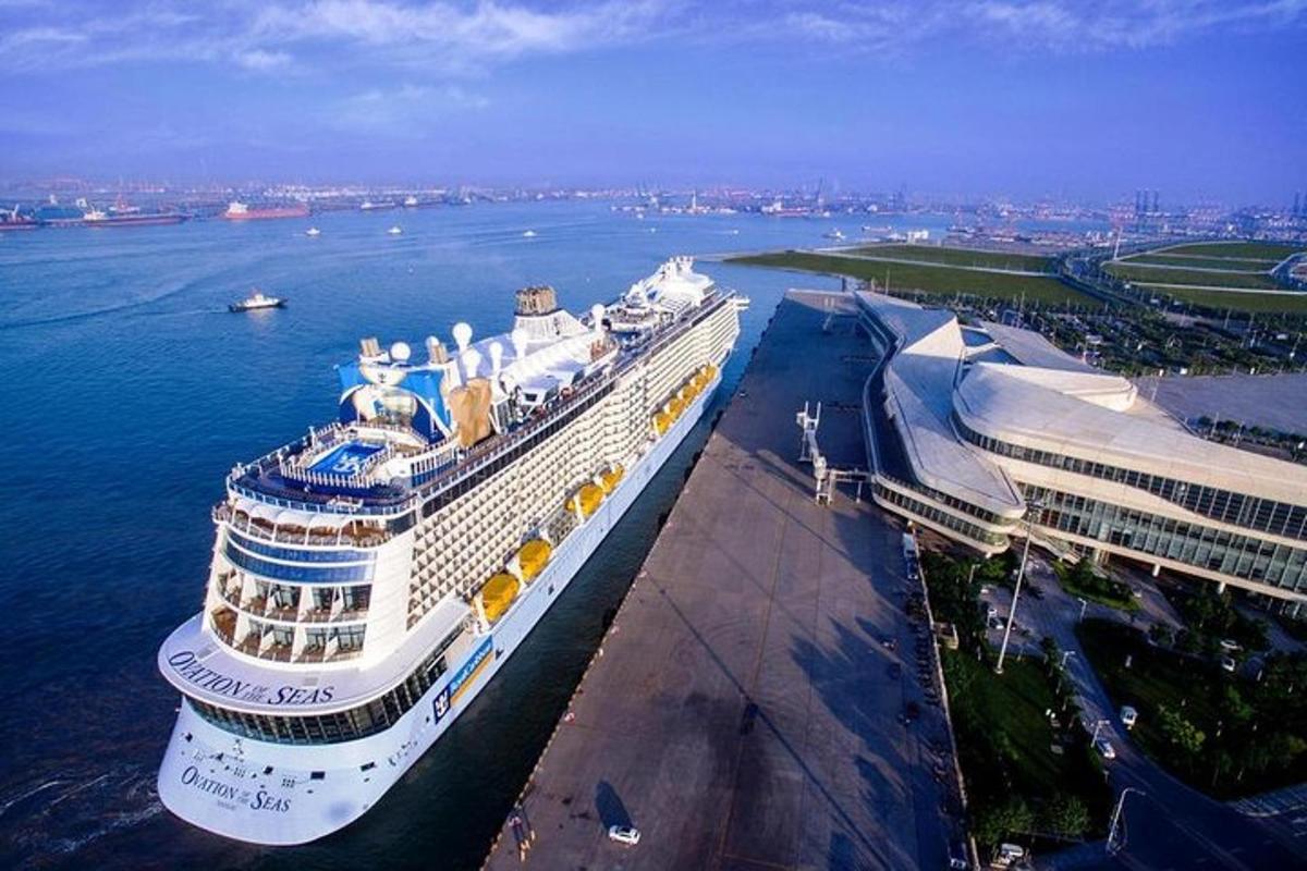 an overhead view of a cruise ship in the water