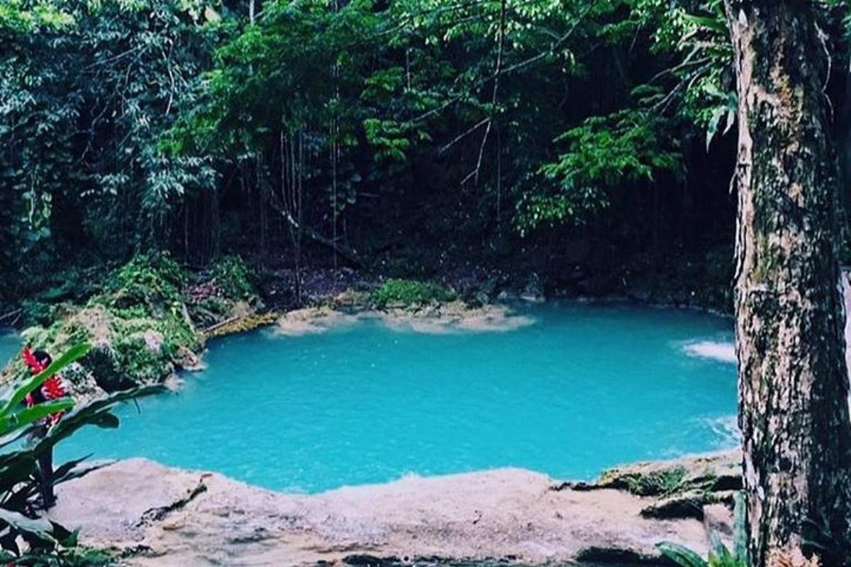 una pozza d'acqua blu in mezzo a una foresta