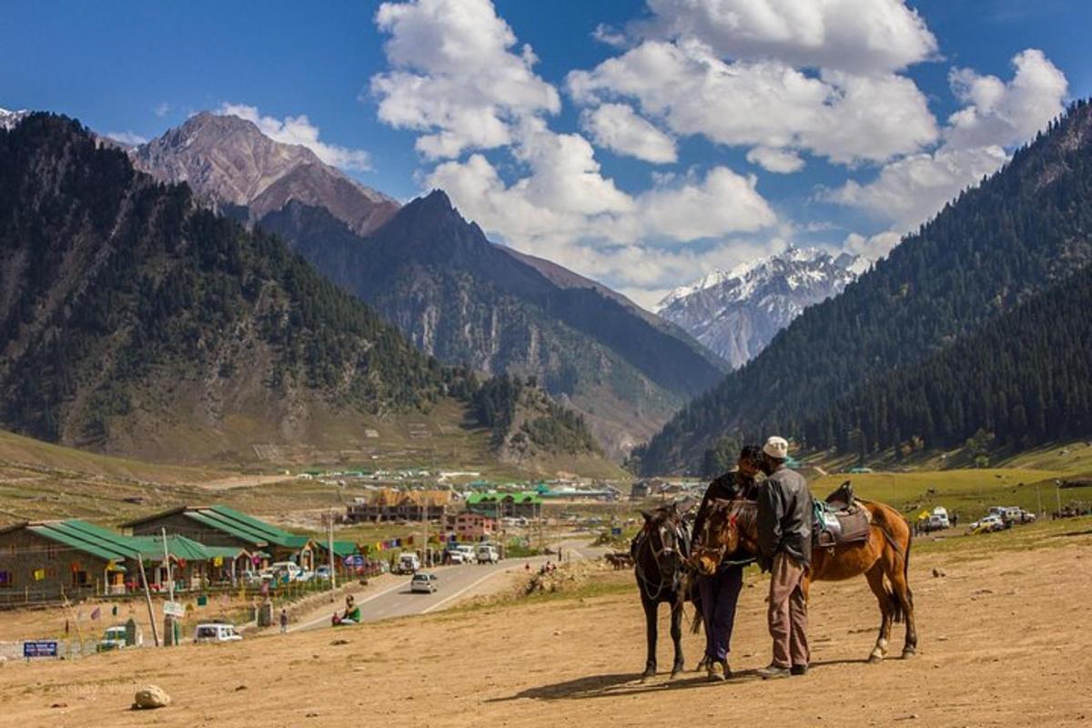 two people riding horses on a dirt field with mountains