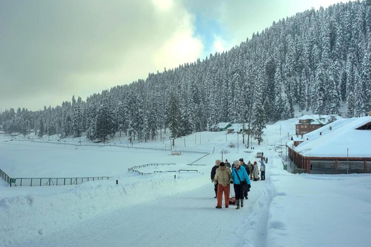 a group of people walking in the snow