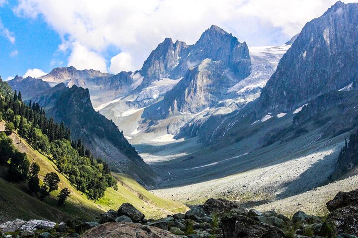 uma vista de um vale montanhoso com montanhas cobertas de neve