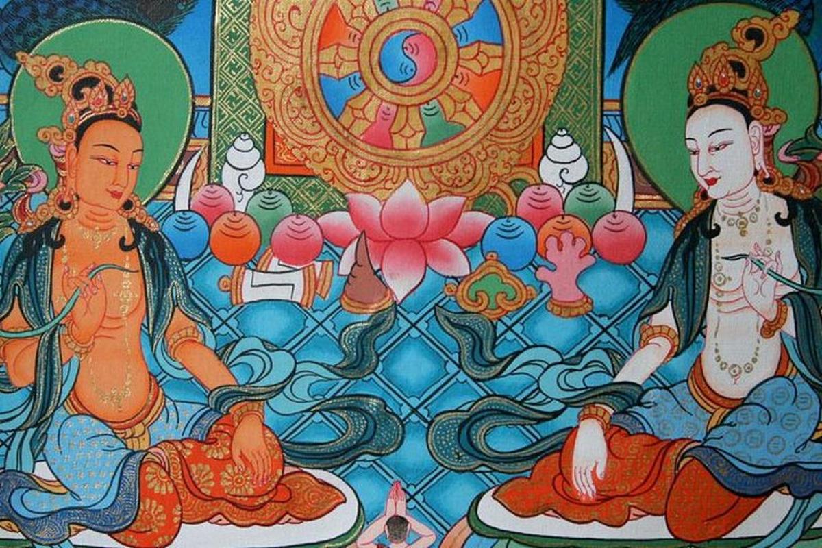 a painting of two women sitting in the water in a room