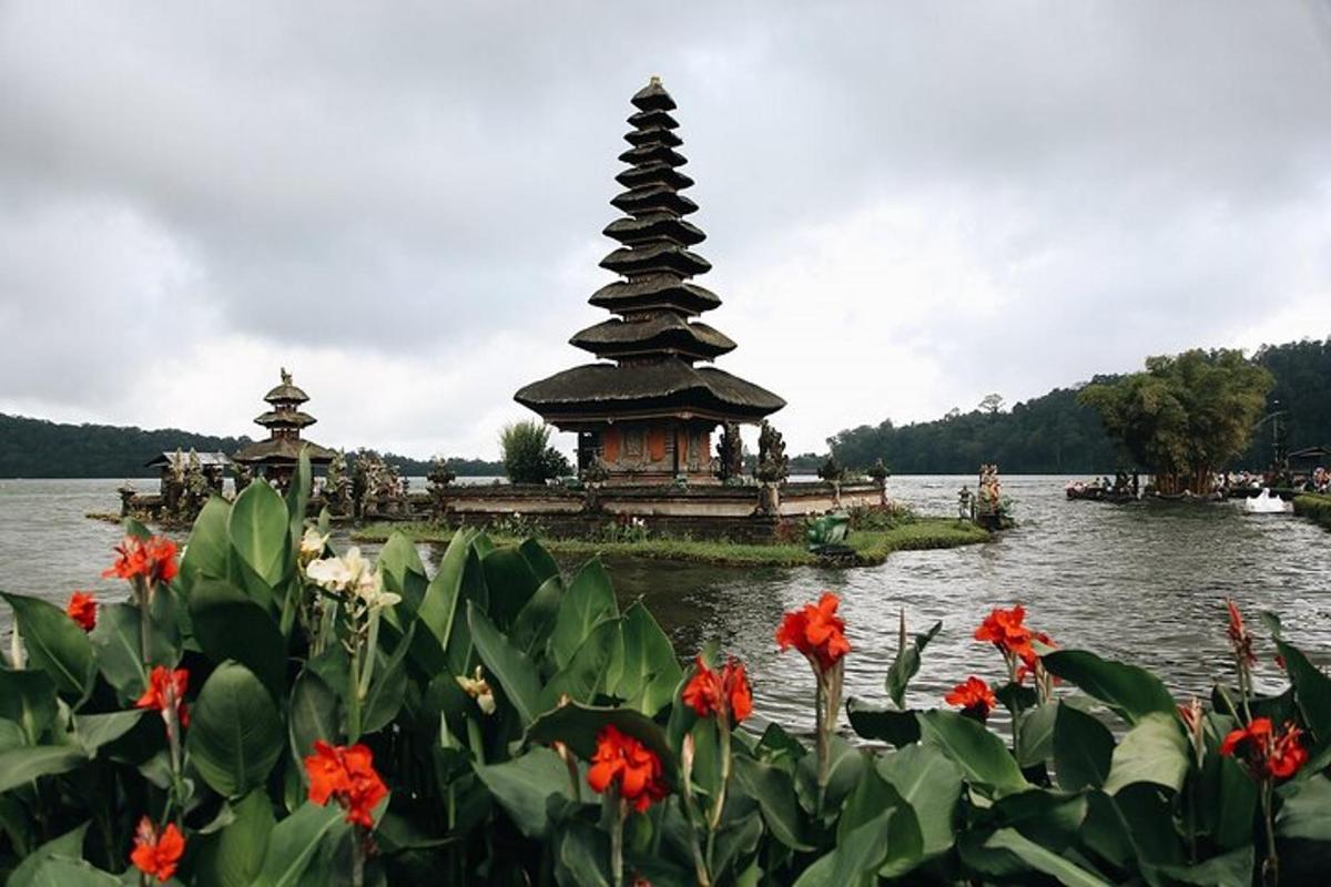 a pagoda in the middle of a lake with flowers