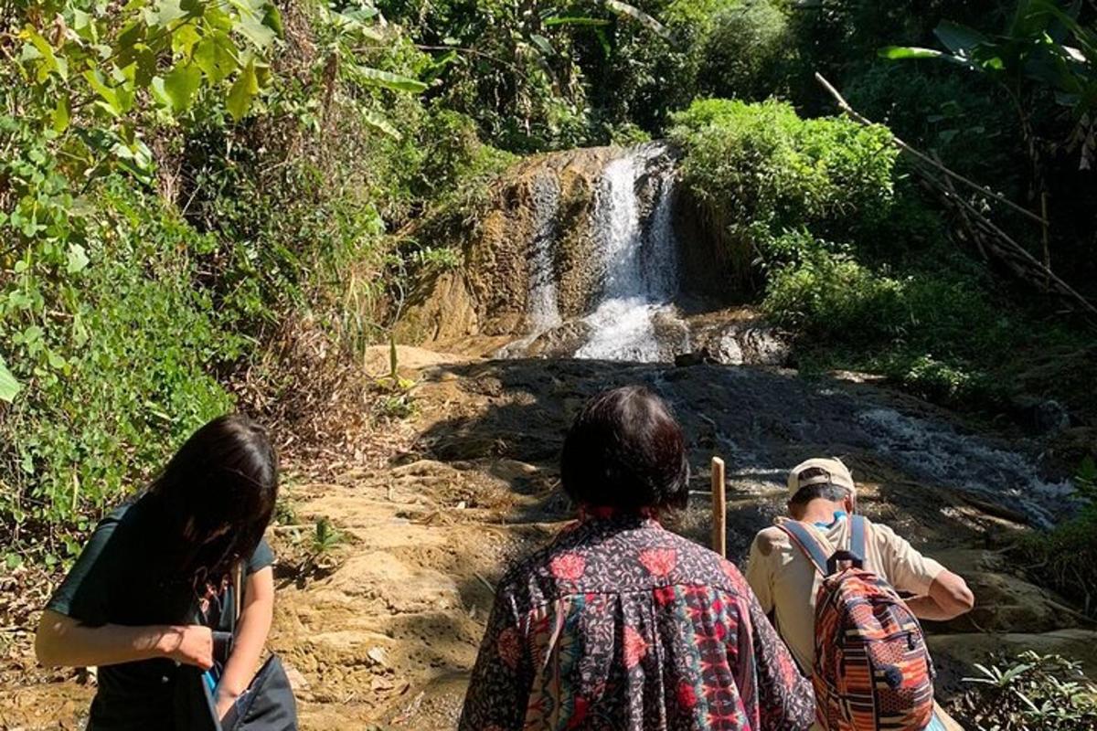 a group of people standing in front of a waterfall