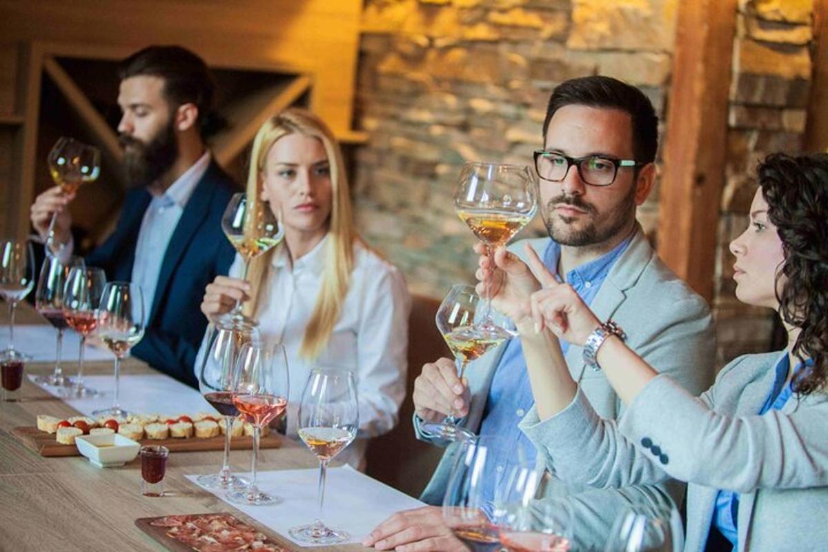 skupina lidí sedících u stolu s vinnými sklenicemi