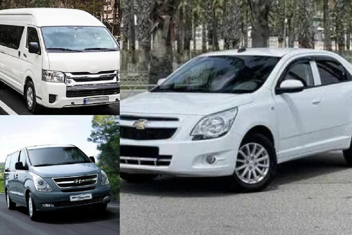 two pictures of a white van and a bus
