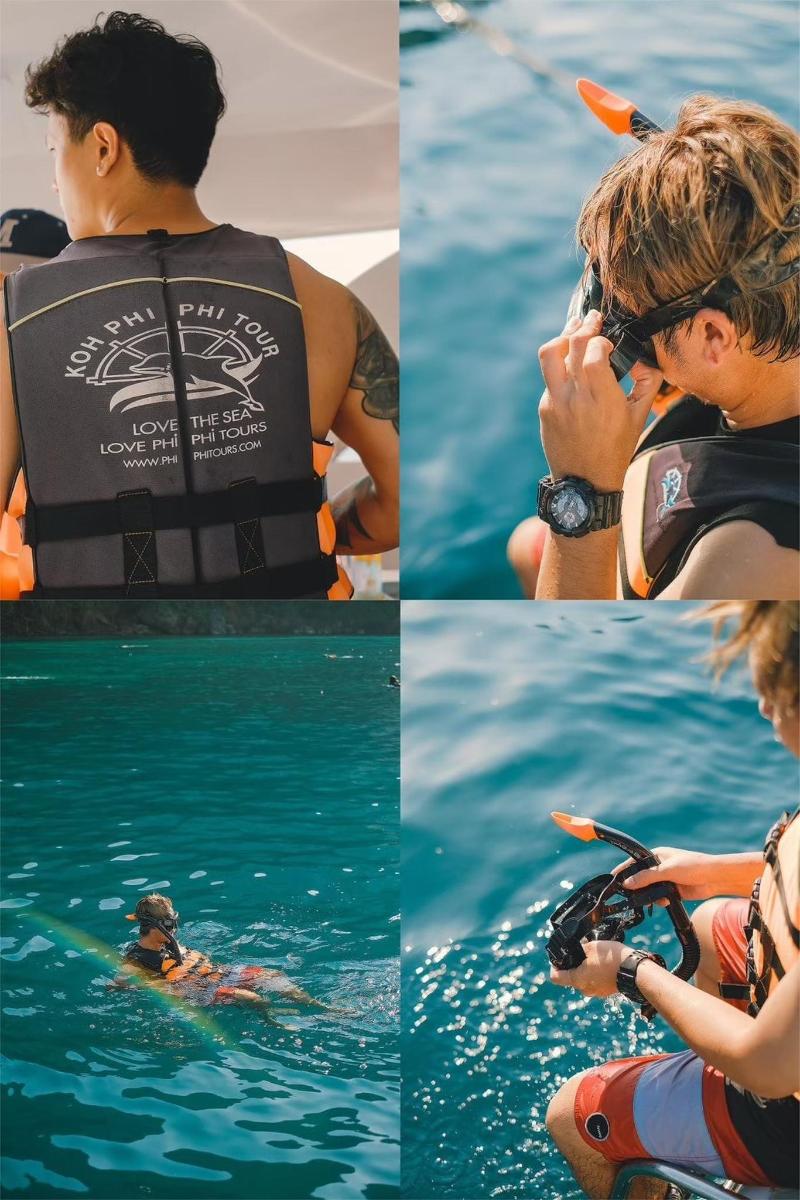 un collage di tre foto di persone in acqua