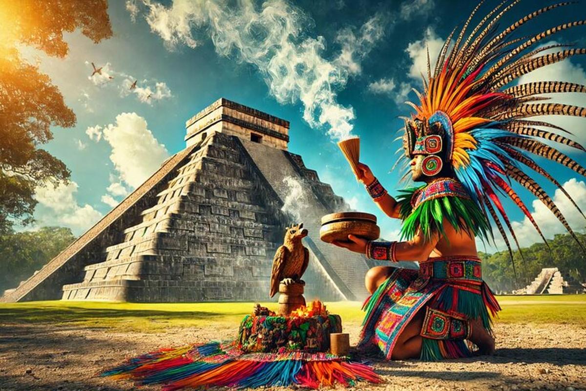 una statua di una persona in stile indiano di fronte a una piramide