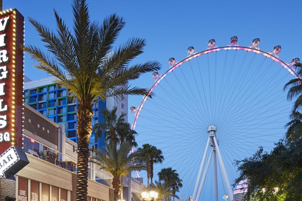 a large ferris wheel in a city with palm trees