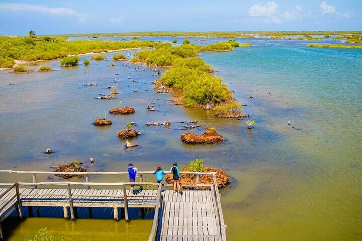 two people standing on a bridge over a body of water